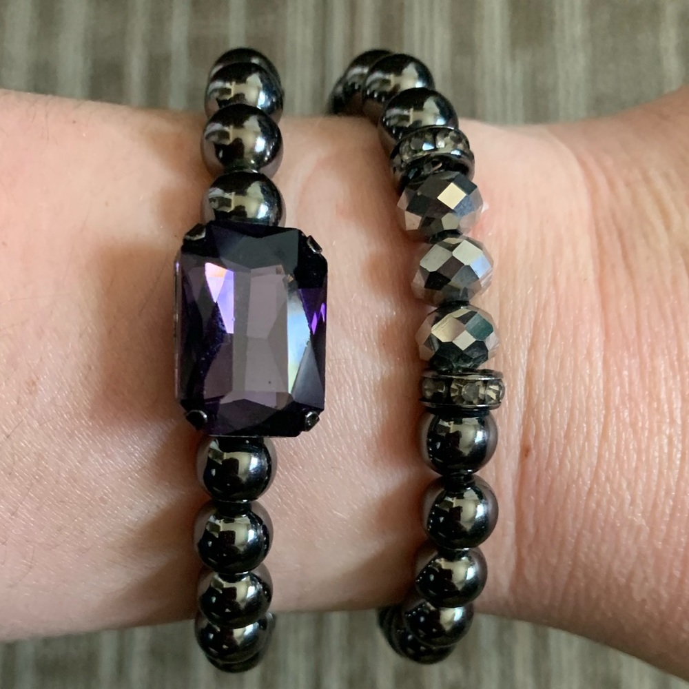 Cache Bracelet Purple Rhinestone Charcoal beads Stretched Two Rows